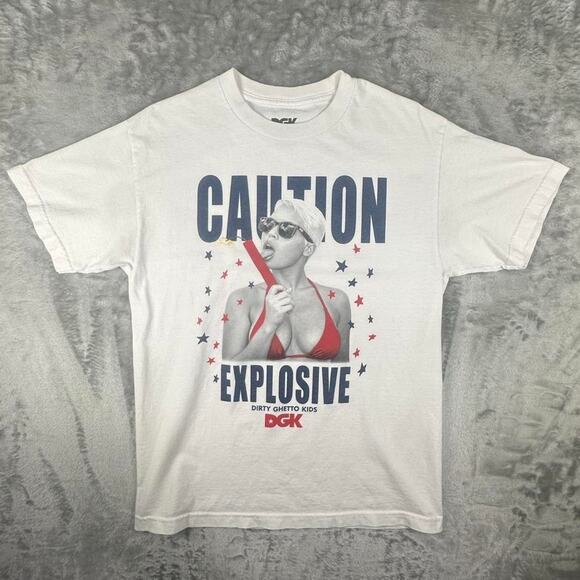 DGK “Caution Explosive” Amber Rose White Red/Blue Graphic T-shirt Size Medium - Picture 6 of 7